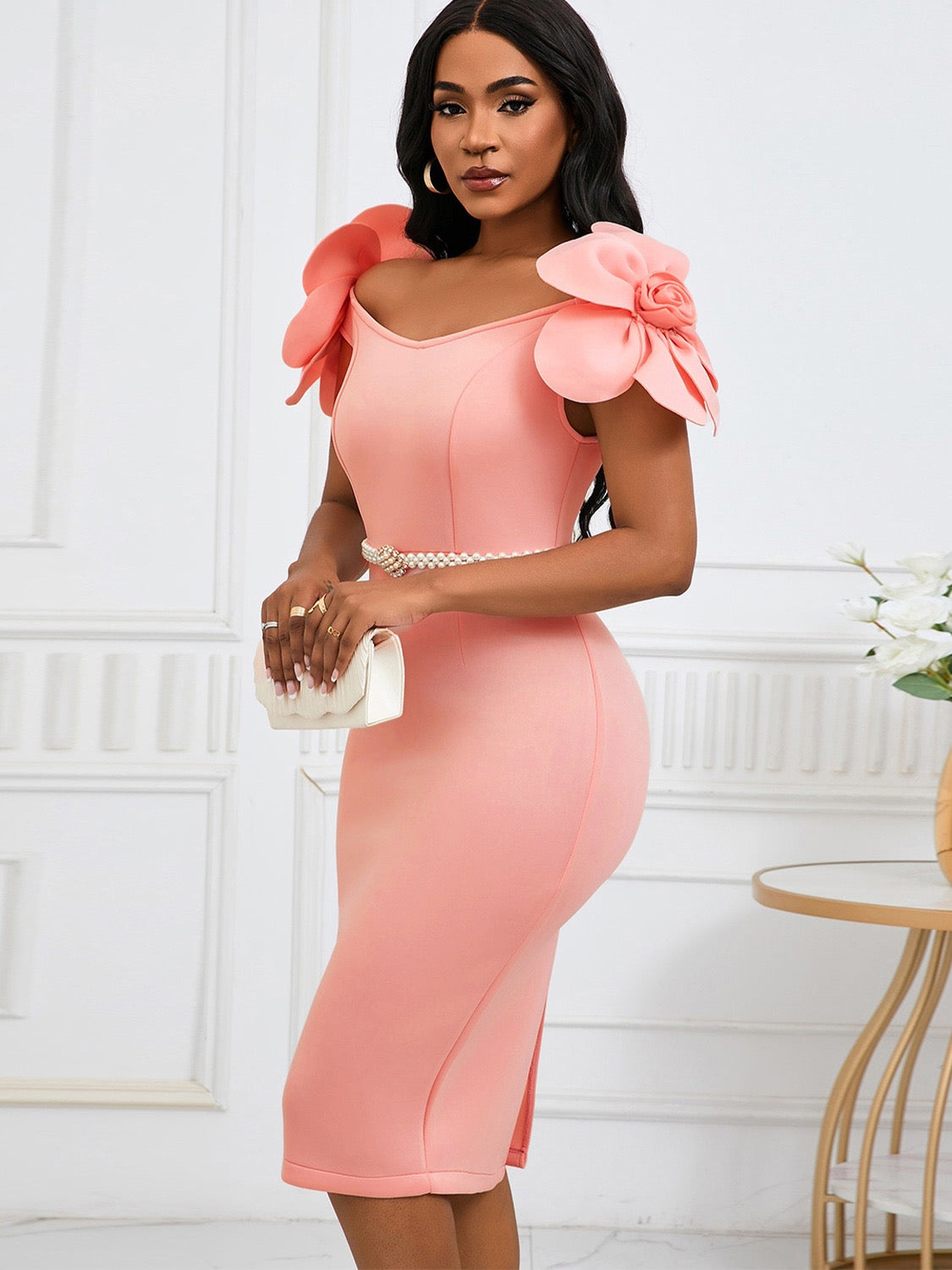 Off Shoulder Midi Dress with Sculpted Fit and Pearl Waist Belt