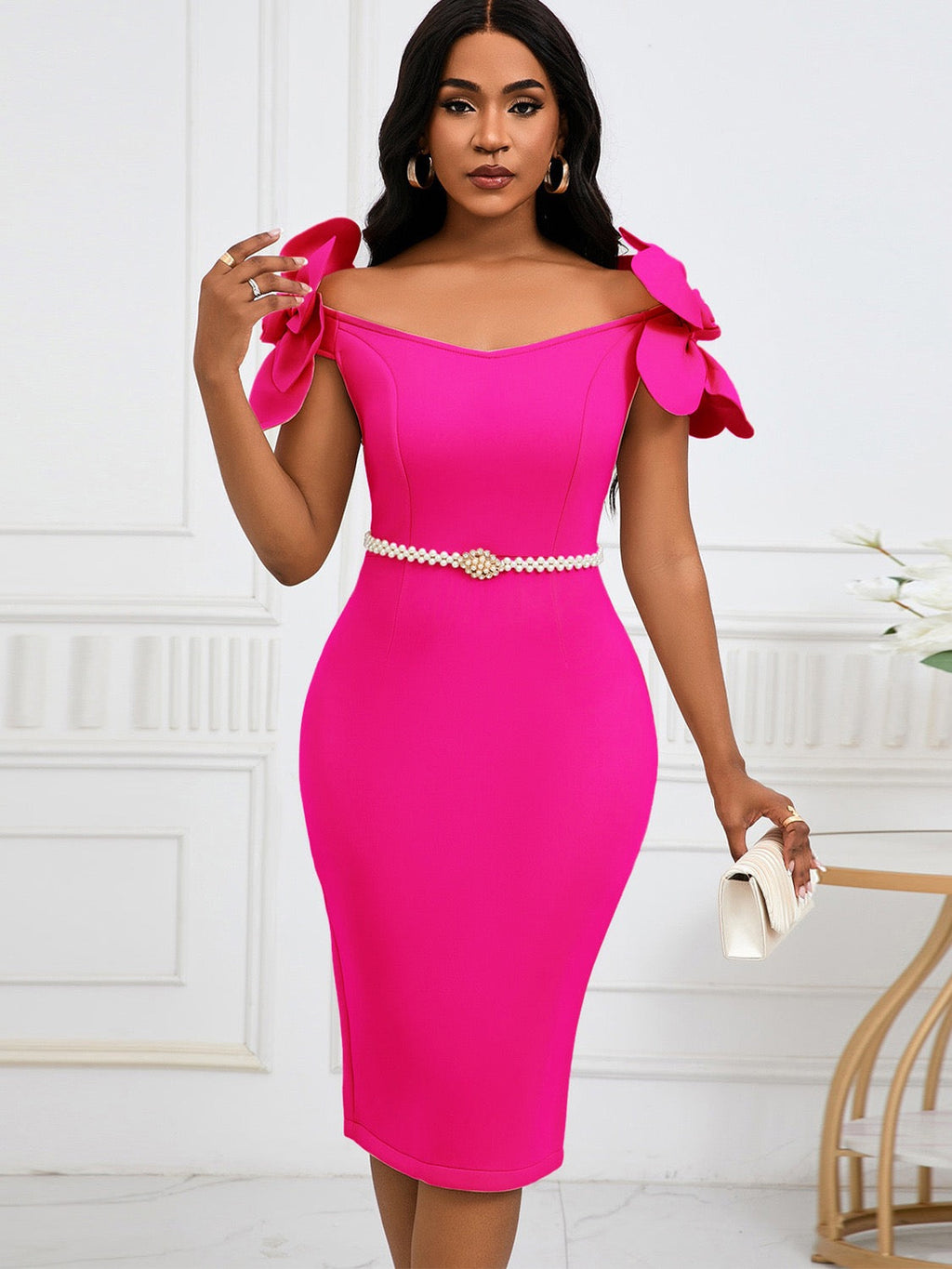 Off Shoulder Midi Dress with Sculpted Fit and Pearl Waist Belt
