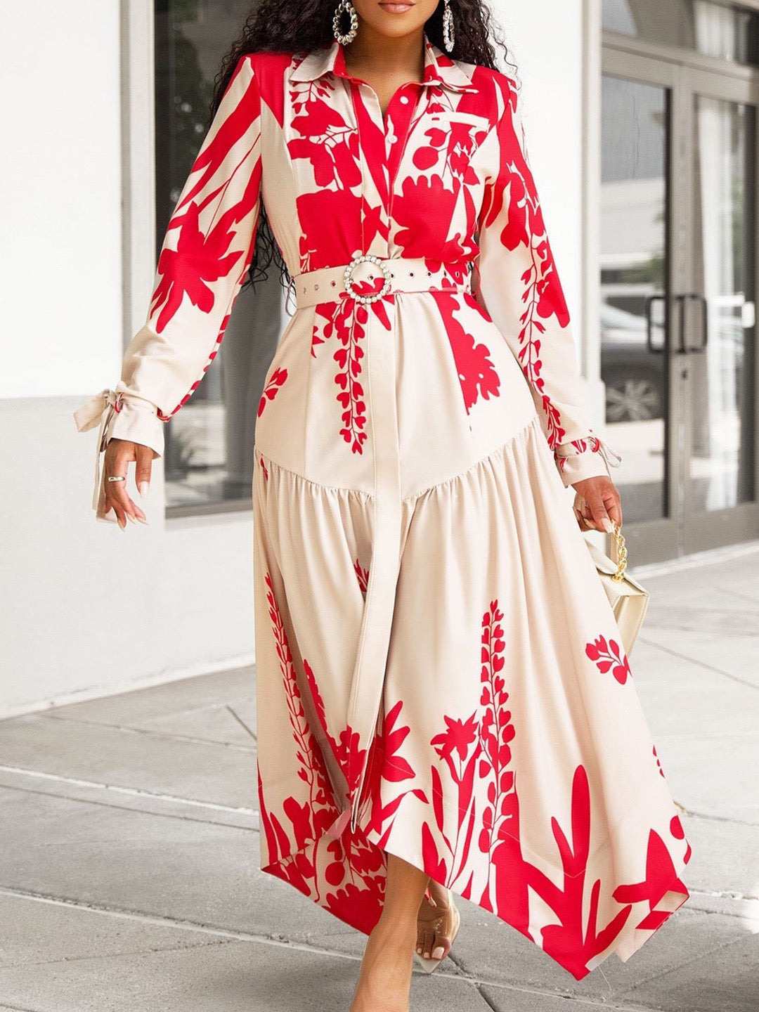Fluid Printed Dress with Structured Waist Belt
