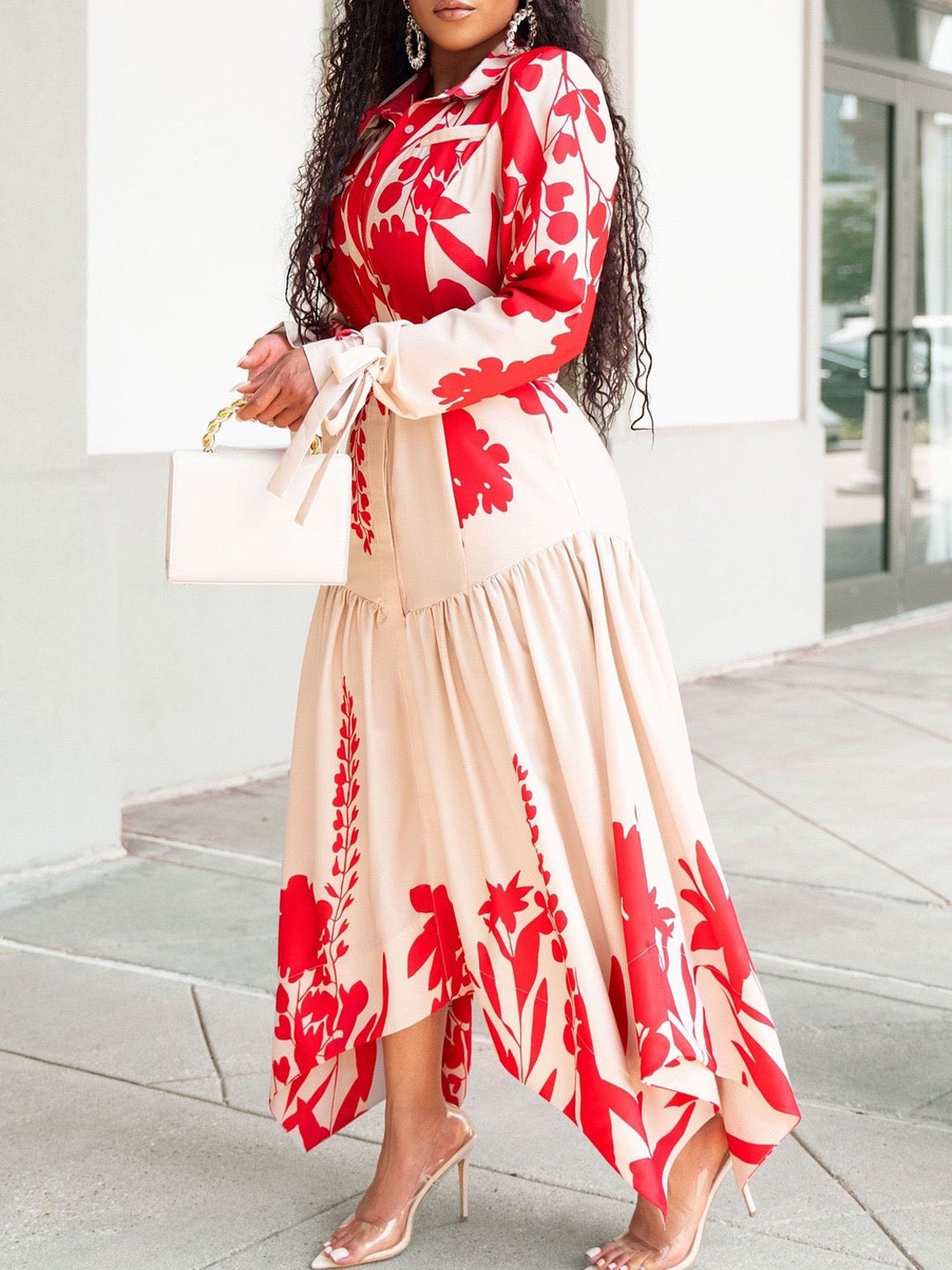 Fluid Printed Dress with Structured Waist Belt