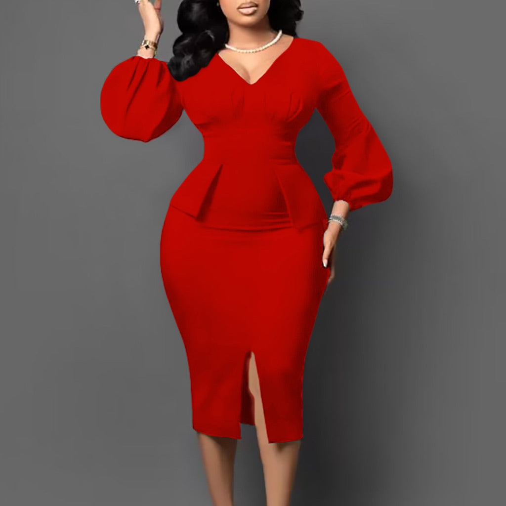 Tailored Midi Dress with Puff Sleeves and V Neck