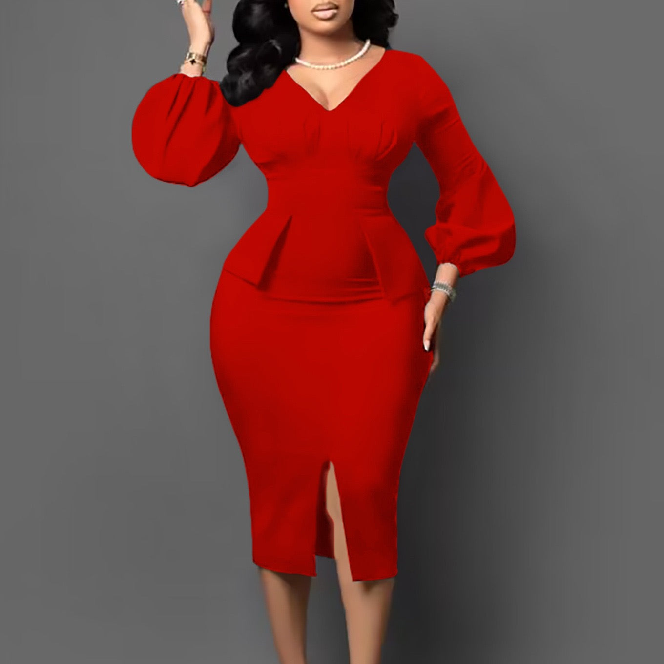 Tailored Midi Dress with Puff Sleeves and V Neck