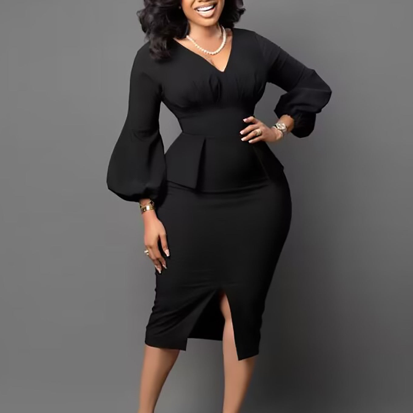 Tailored Midi Dress with Puff Sleeves and V Neck