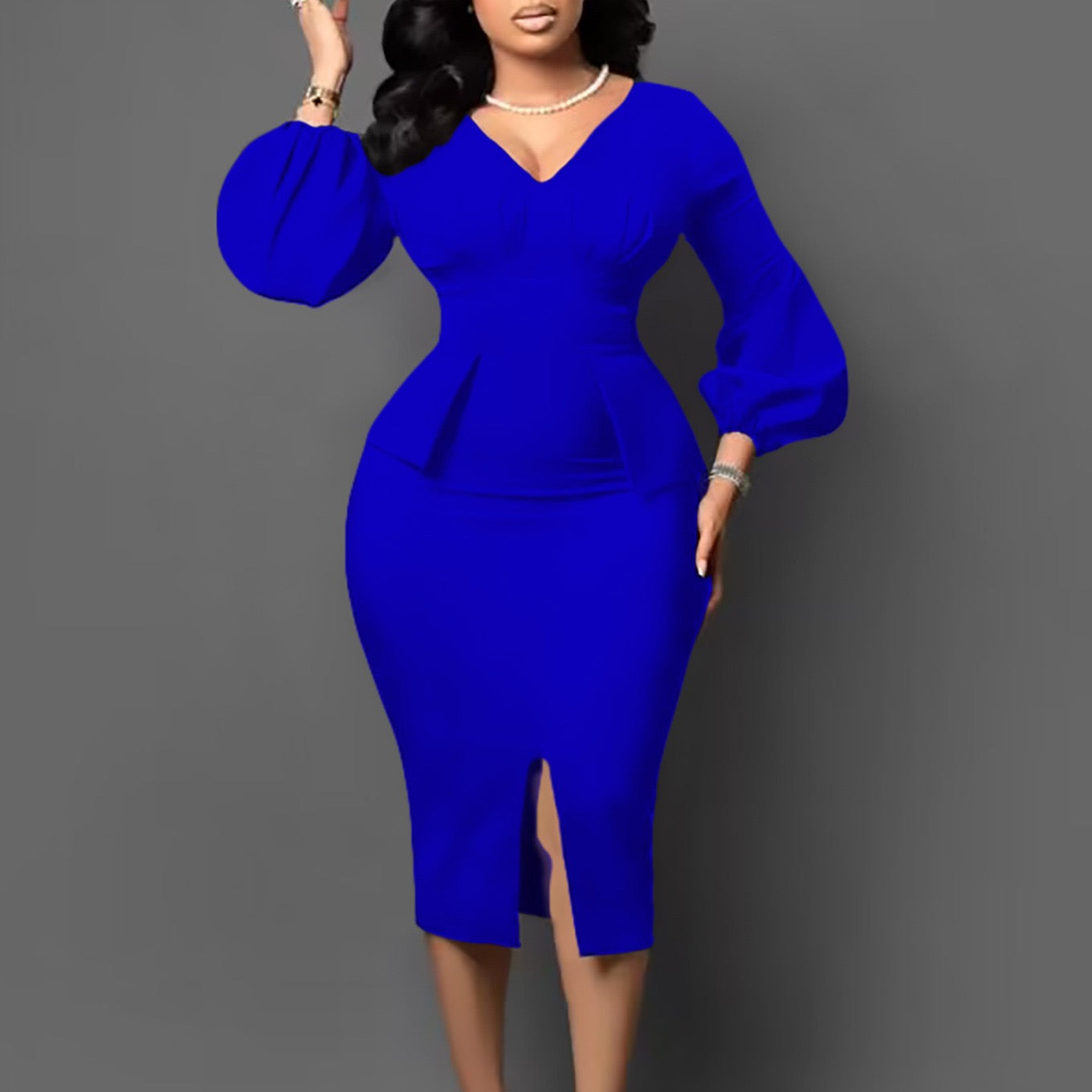 Tailored Midi Dress with Puff Sleeves and V Neck
