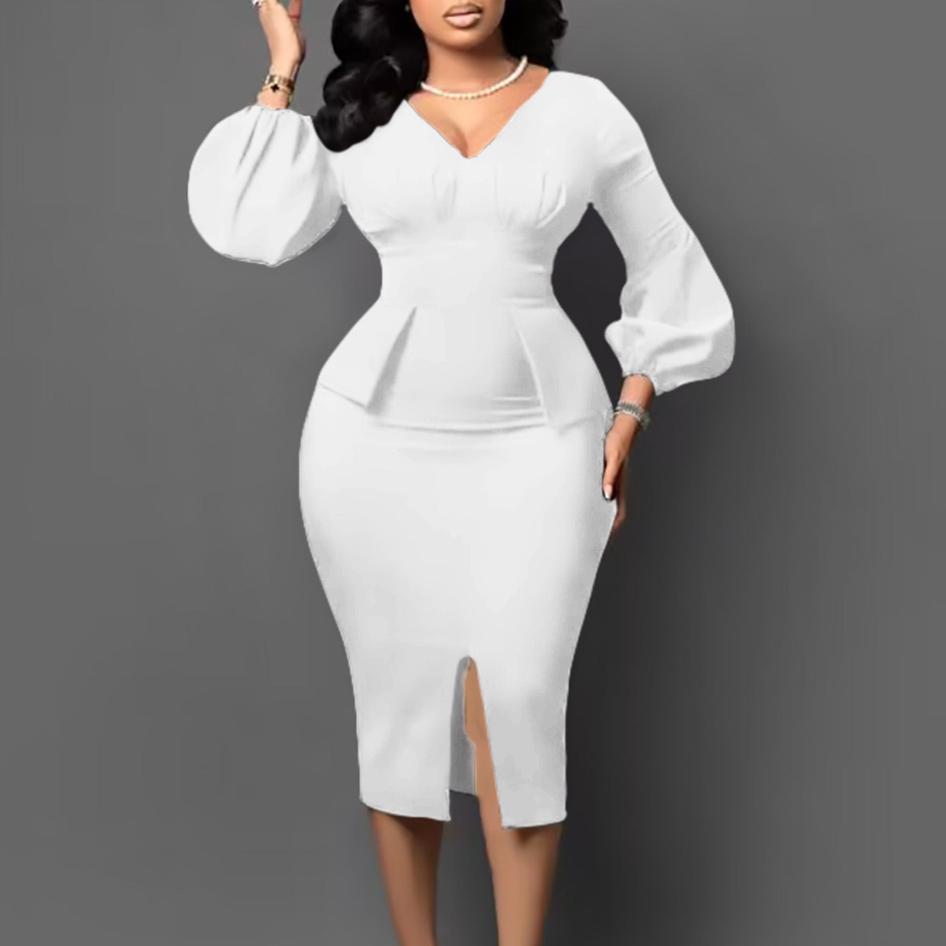 Tailored Midi Dress with Puff Sleeves and V Neck