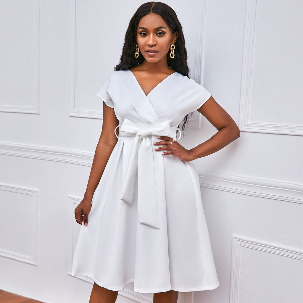 Wrap Style Midi Dress with Waist Tie and V Neck