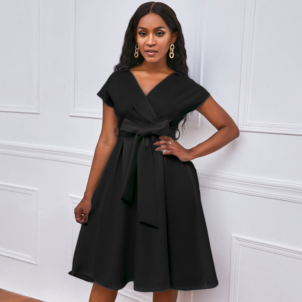 Wrap Style Midi Dress with Waist Tie and V Neck