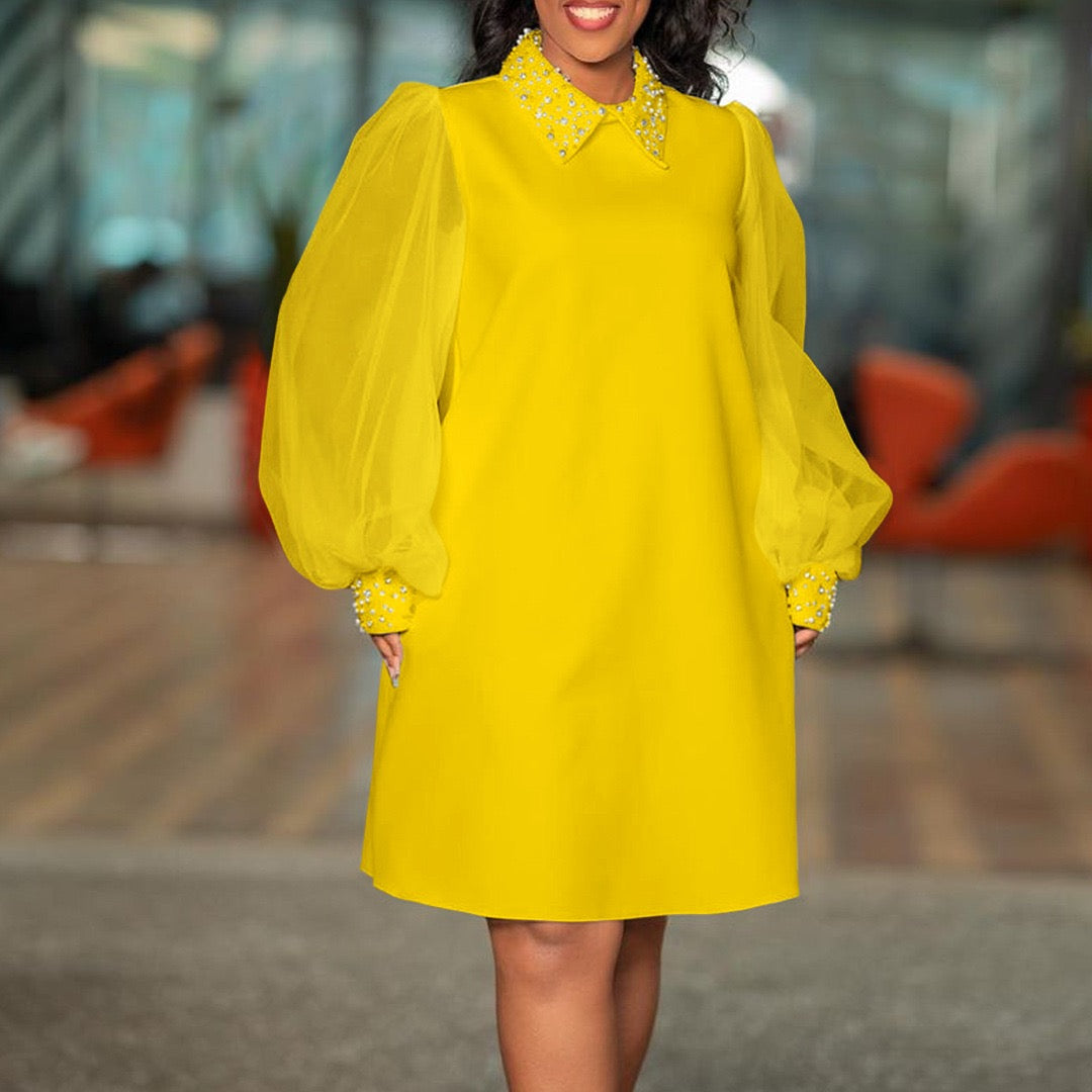 Midi Dress with Beaded Collar and Volume Sleeves
