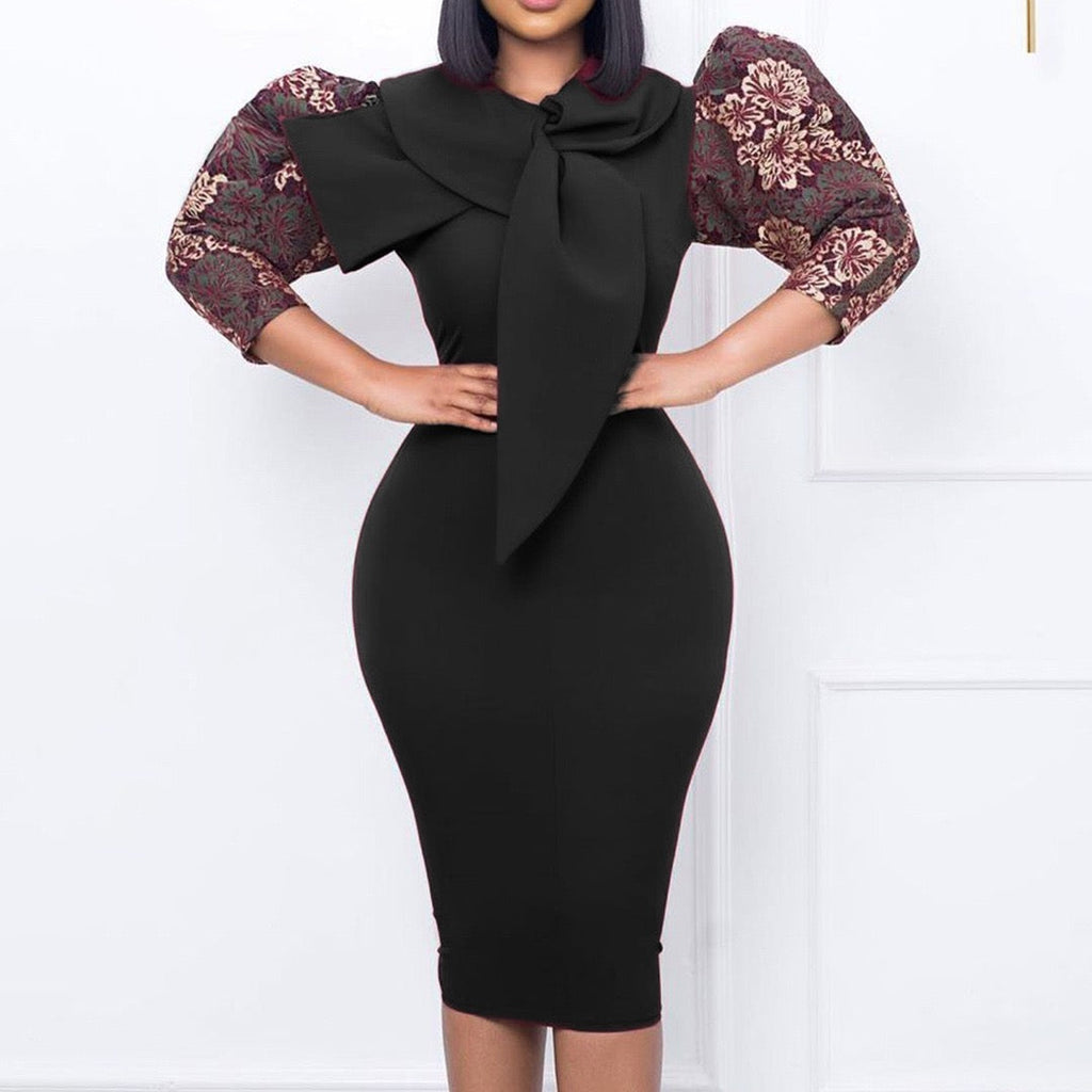 Structured Midi Dress with Front Bow Detail and Patterned Puff Sleeves