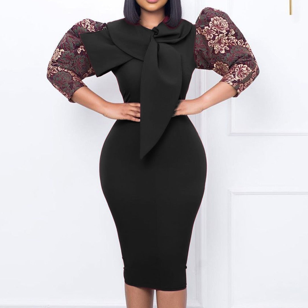 Structured Midi Dress with Front Bow Detail and Patterned Puff Sleeves