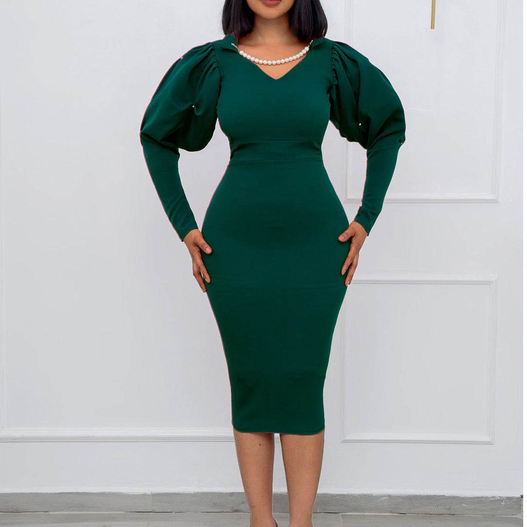 Elegant Midi Dress with Pearl V-Neck Design