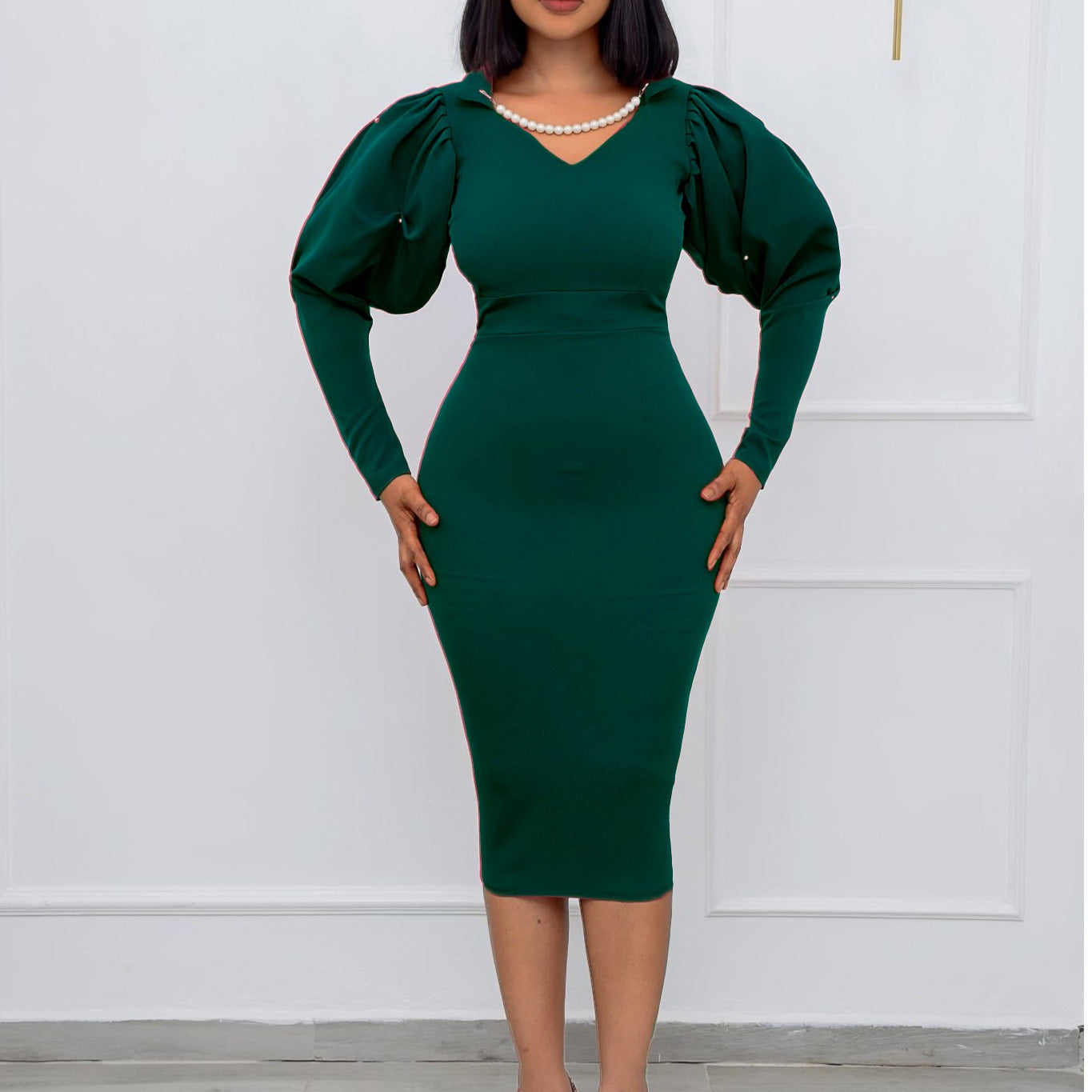 Elegant Midi Dress with Pearl V-Neck Design