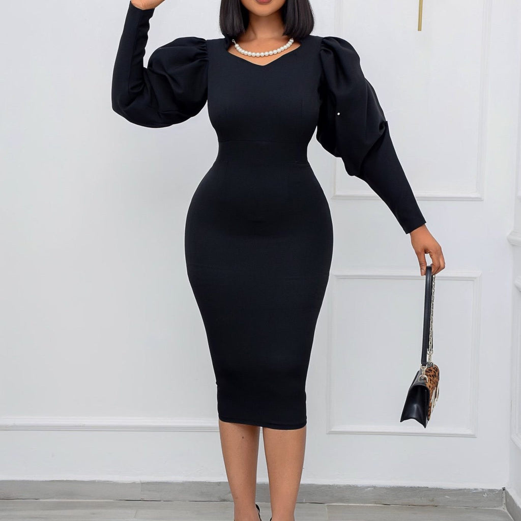 Elegant Midi Dress with Pearl V-Neck Design