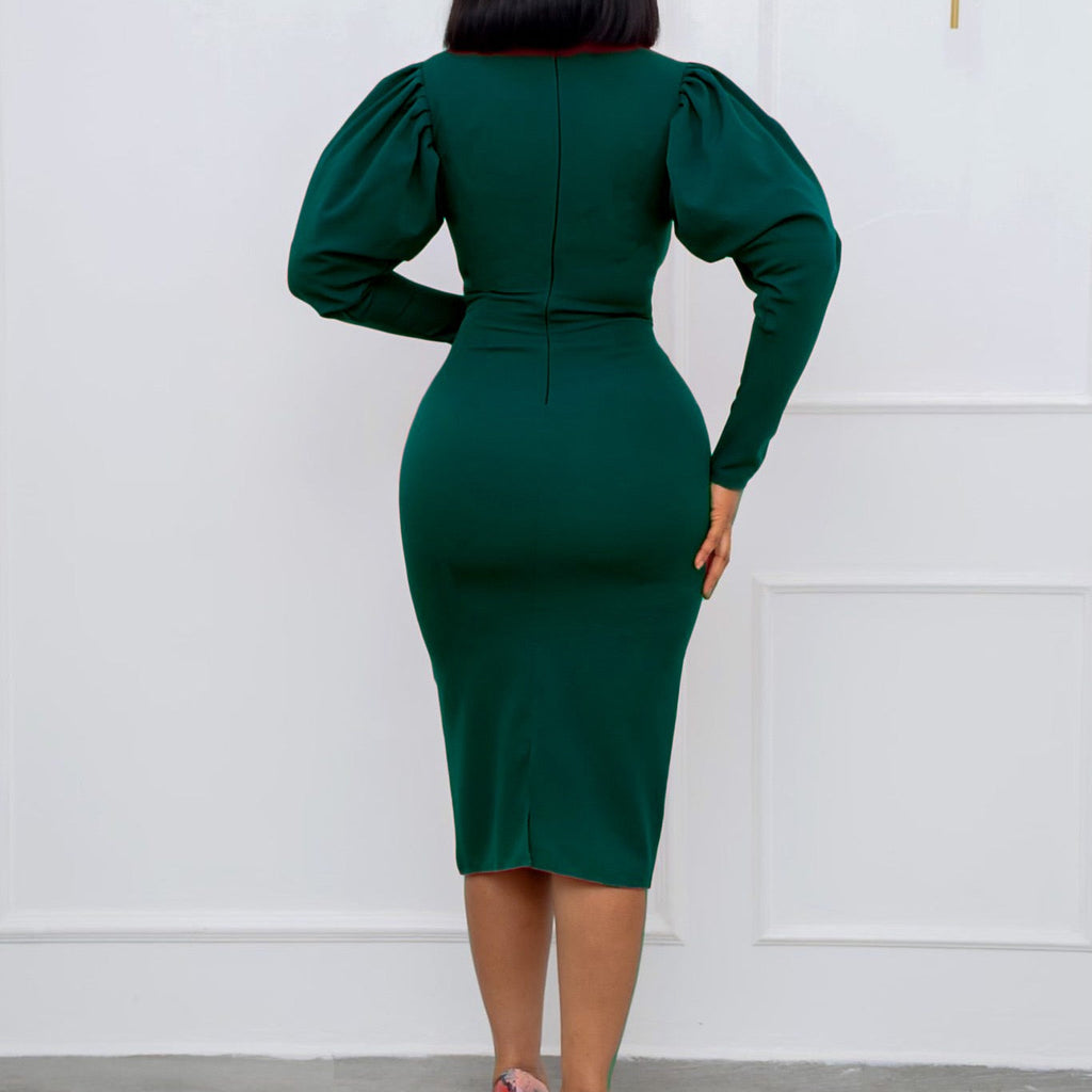 Elegant Midi Dress with Pearl V-Neck Design