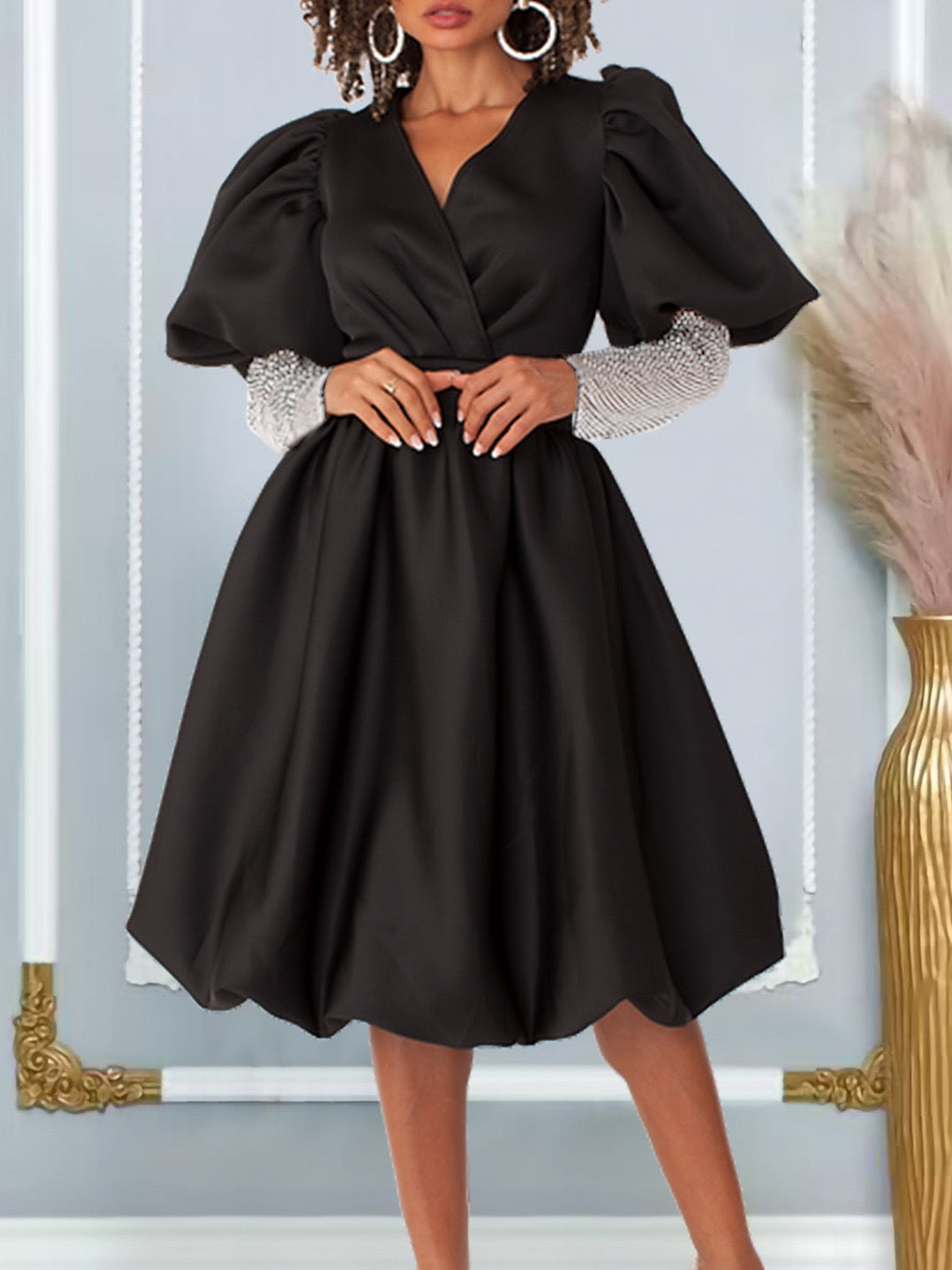 Wrap V Neck Midi Dress with Puff Sleeves and Flared Skirt
