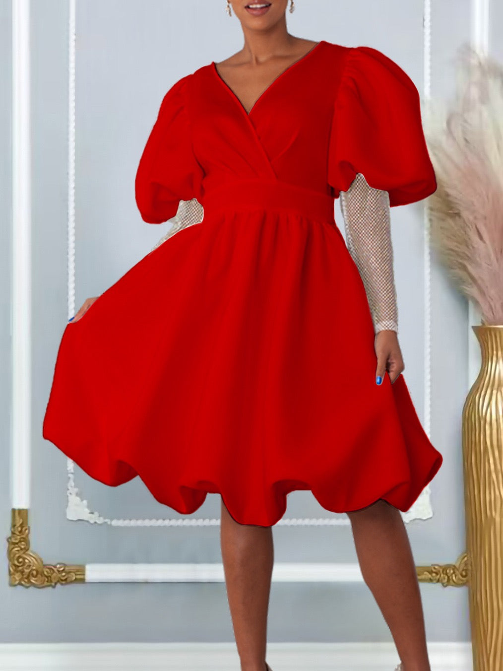Wrap V Neck Midi Dress with Puff Sleeves and Flared Skirt