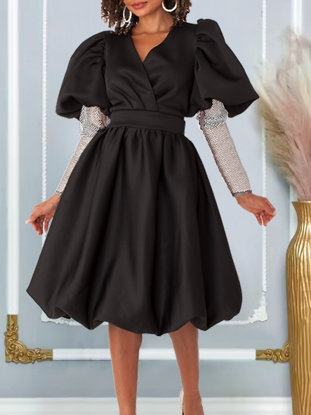 Wrap V Neck Midi Dress with Puff Sleeves and Flared Skirt