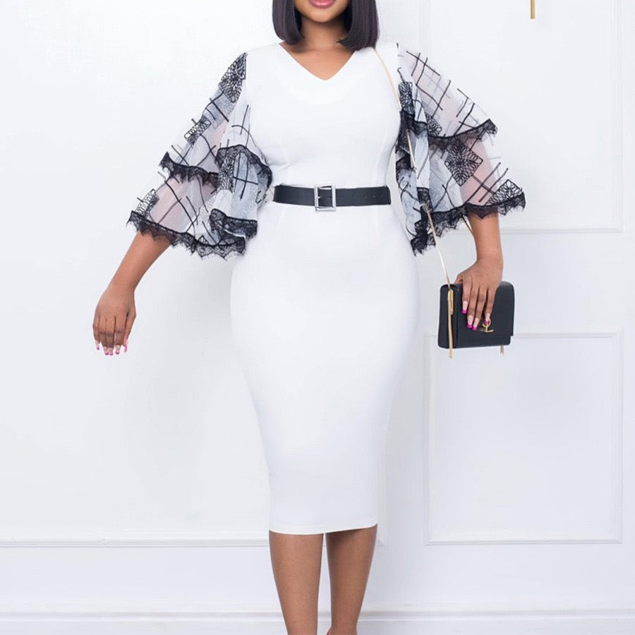 Midi Dress with Artistic Sleeves and Belted Waist