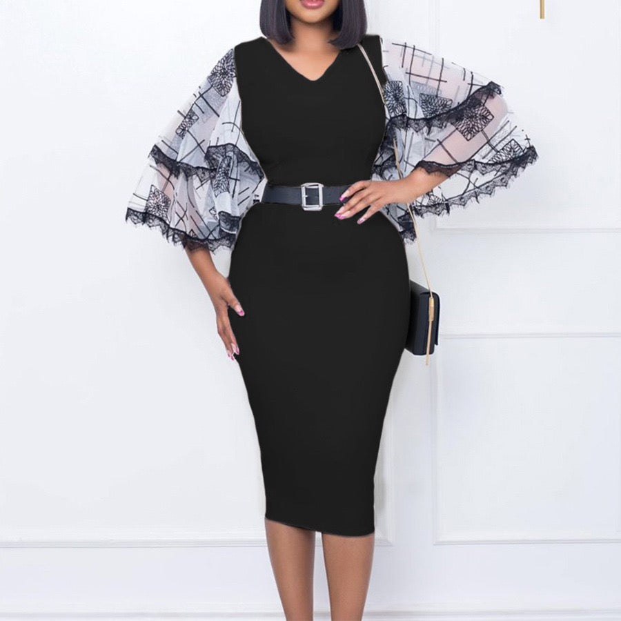 Midi Dress with Artistic Sleeves and Belted Waist