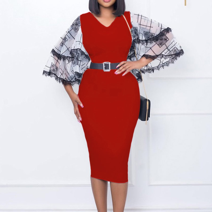 Midi Dress with Artistic Sleeves and Belted Waist