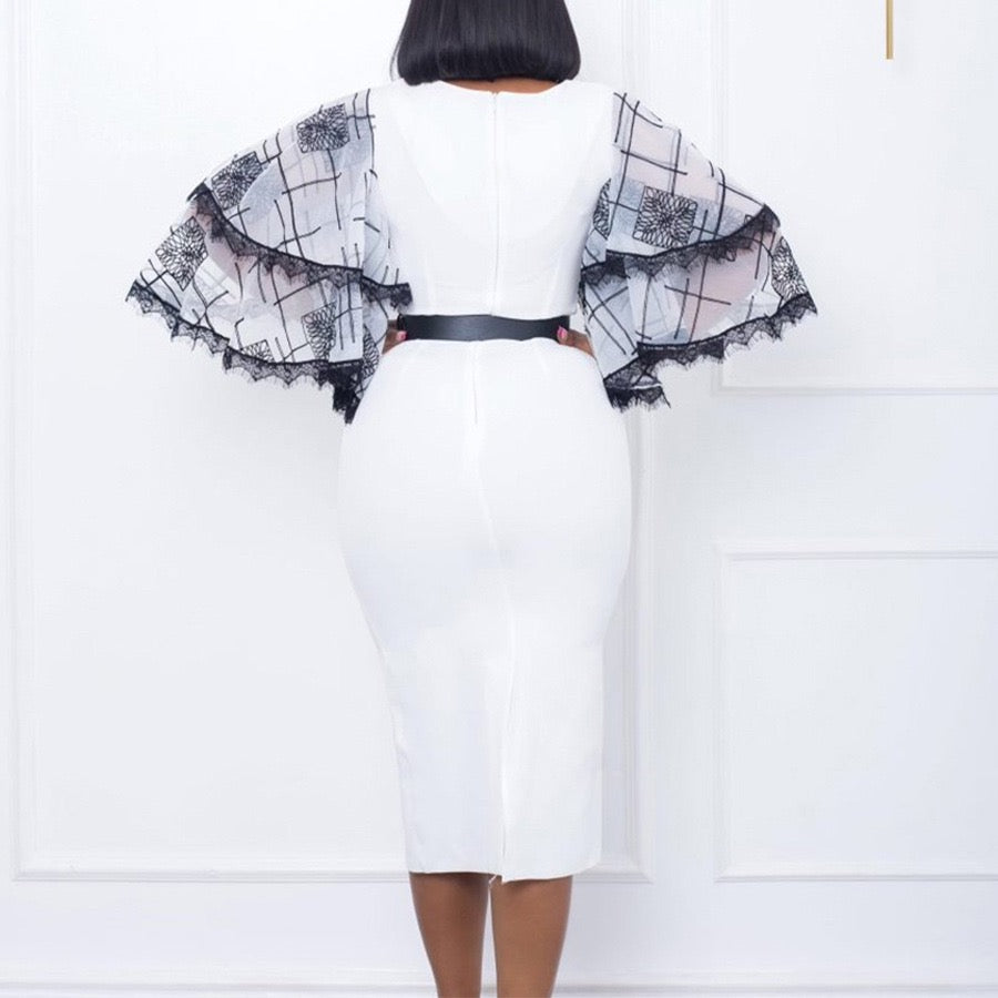 Midi Dress with Artistic Sleeves and Belted Waist