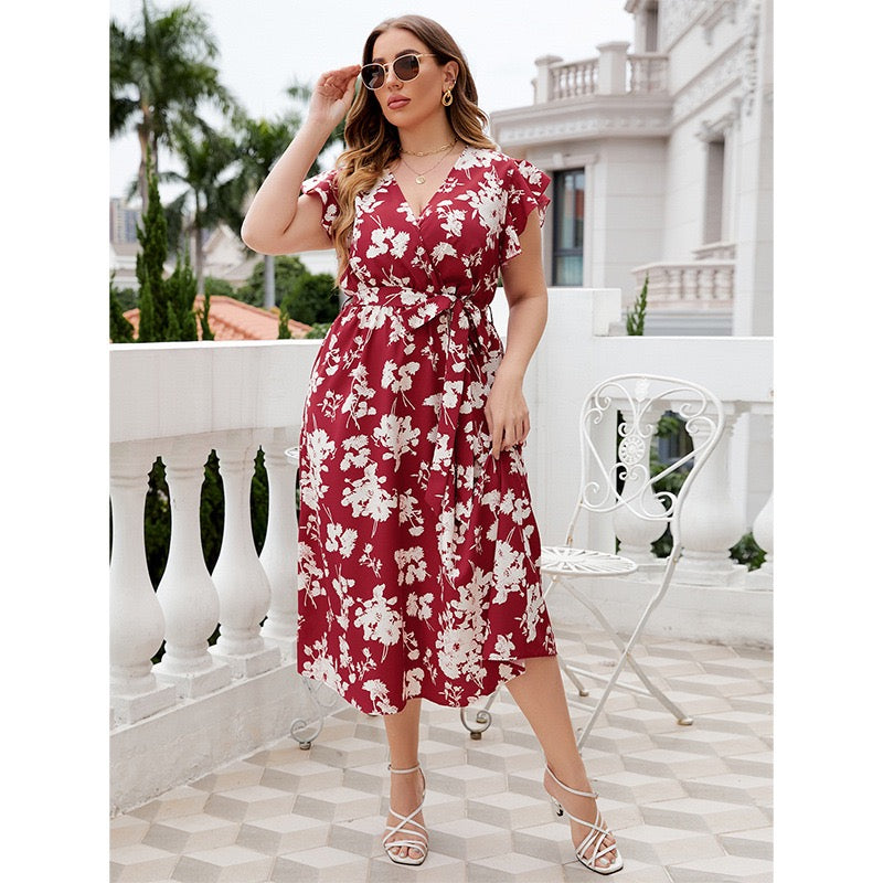 Plus Size Floral Wrap Dress with Defined Waist