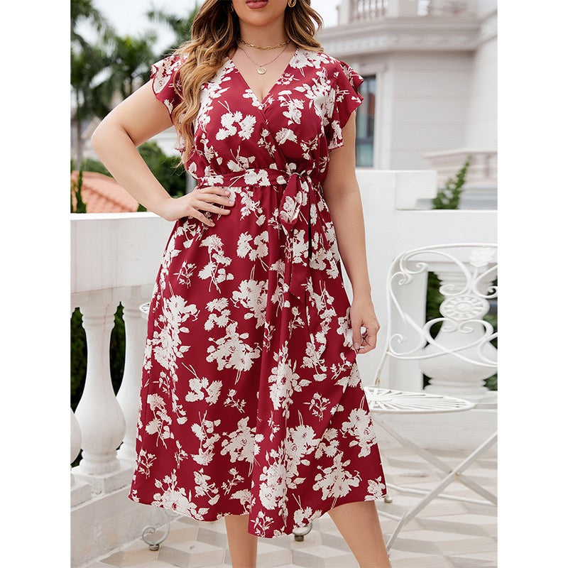 Plus Size Floral Wrap Dress with Defined Waist