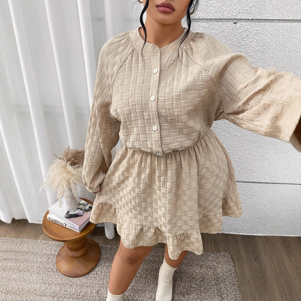 Plus Size Relaxed Fit Textured Dress with Long Sleeves