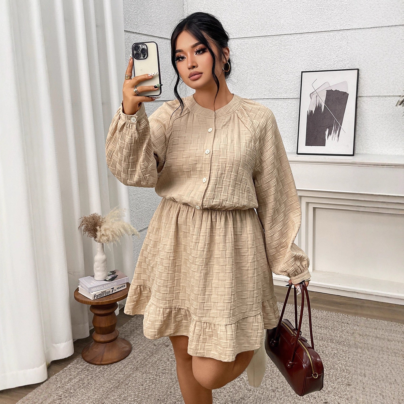 Plus Size Relaxed Fit Textured Dress with Long Sleeves
