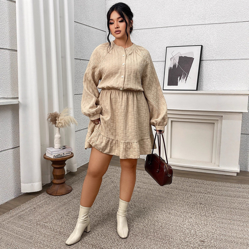 Plus Size Relaxed Fit Textured Dress with Long Sleeves