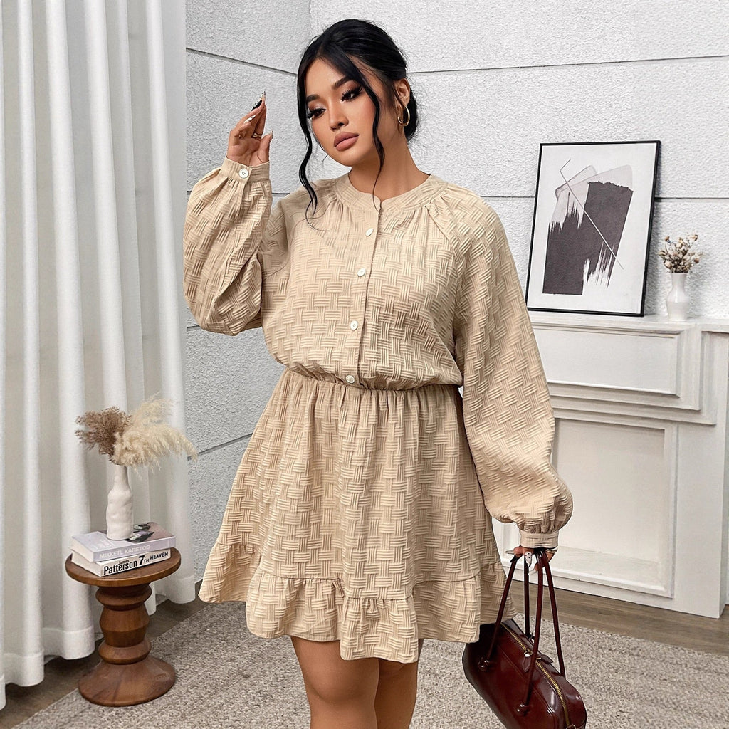 Plus Size Relaxed Fit Textured Dress with Long Sleeves