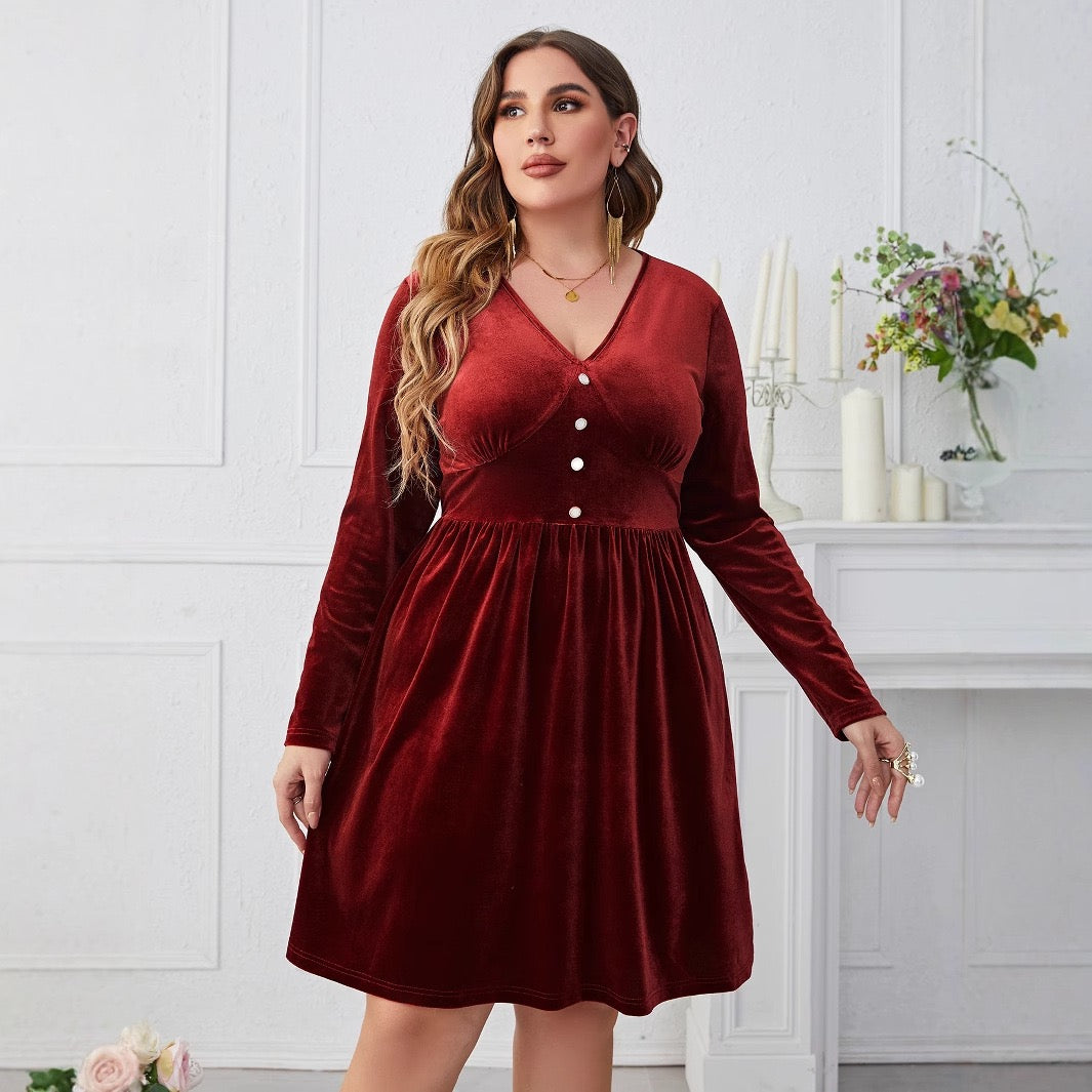 Plus Size Sculpted Waist Velvet Dress with Button Detail