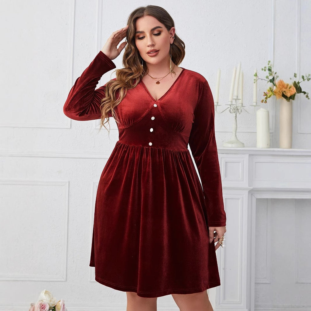 Plus Size Sculpted Waist Velvet Dress with Button Detail
