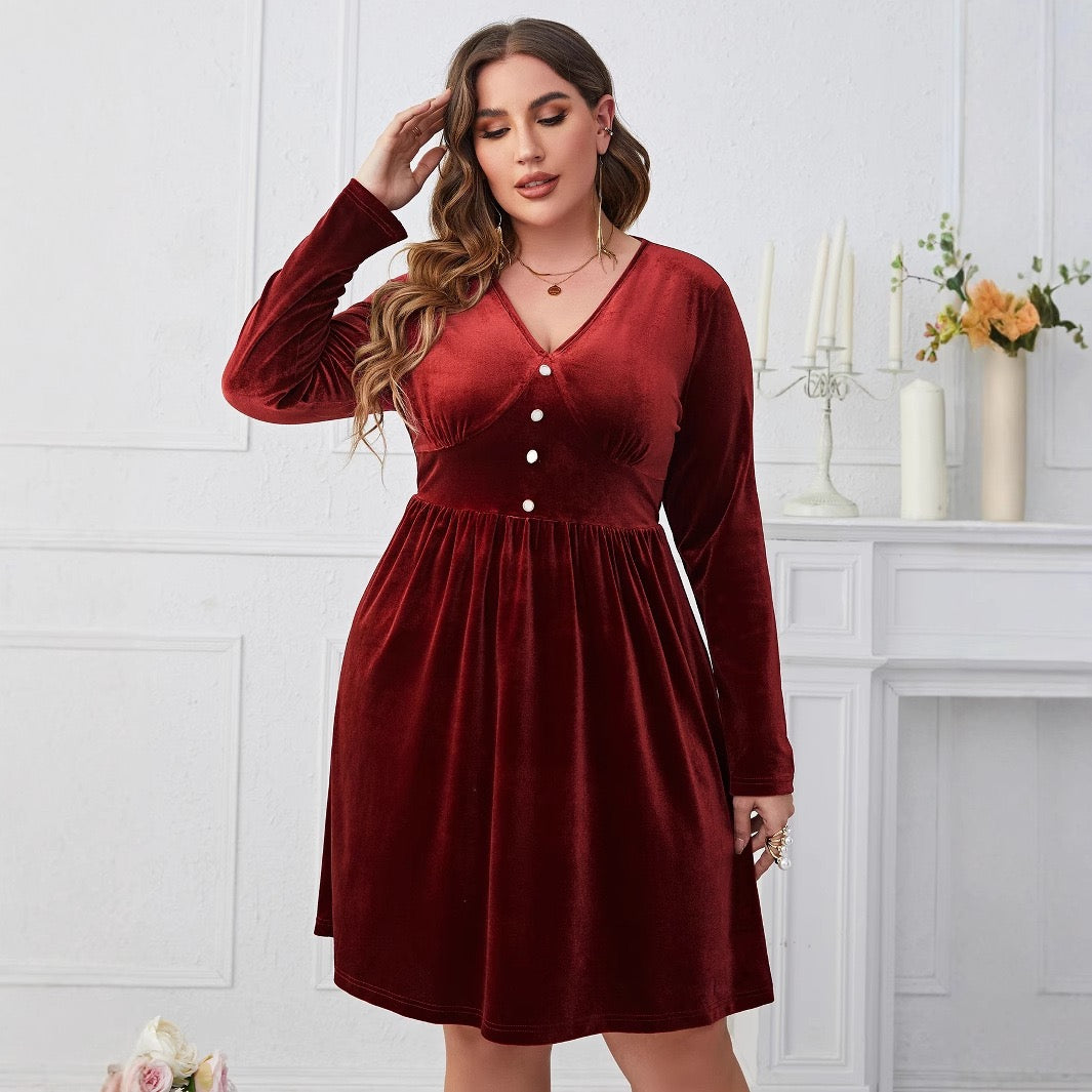 Plus Size Sculpted Waist Velvet Dress with Button Detail