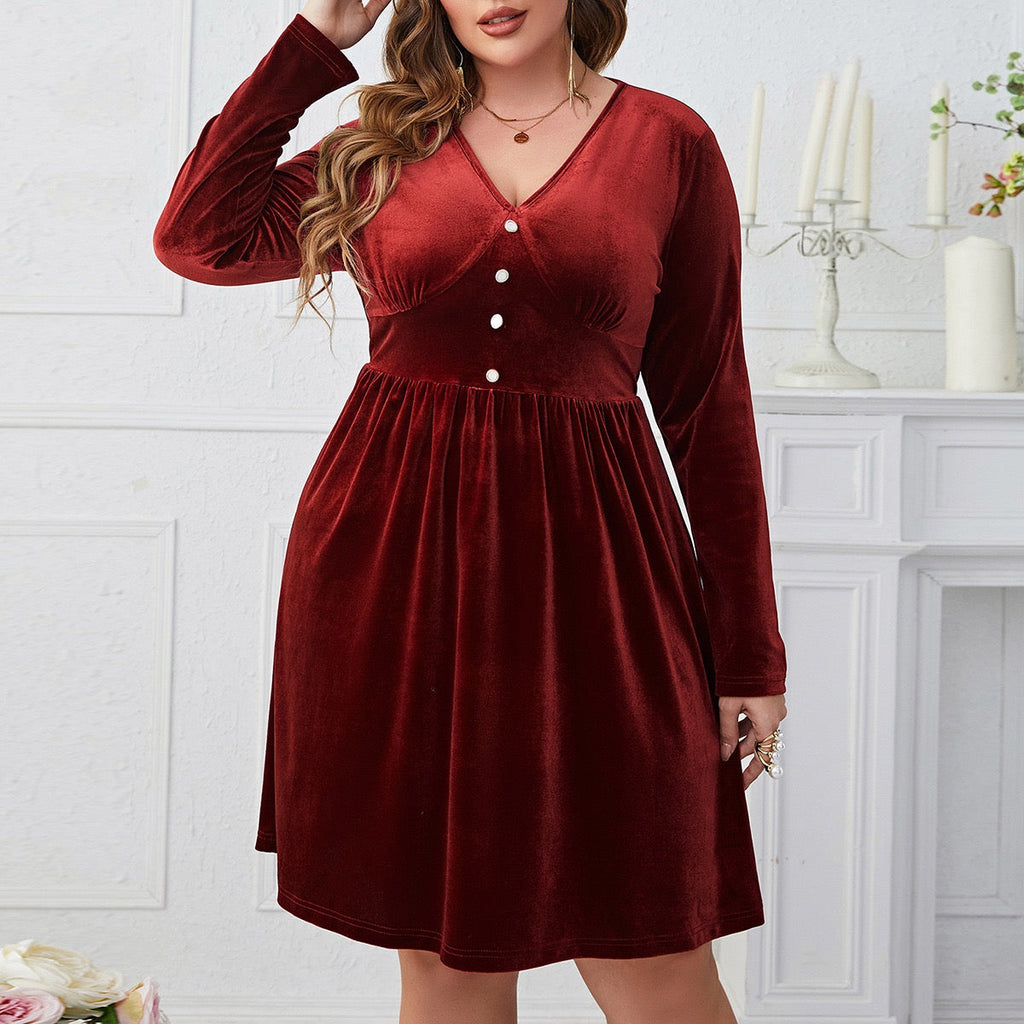 Plus Size Sculpted Waist Velvet Dress with Button Detail