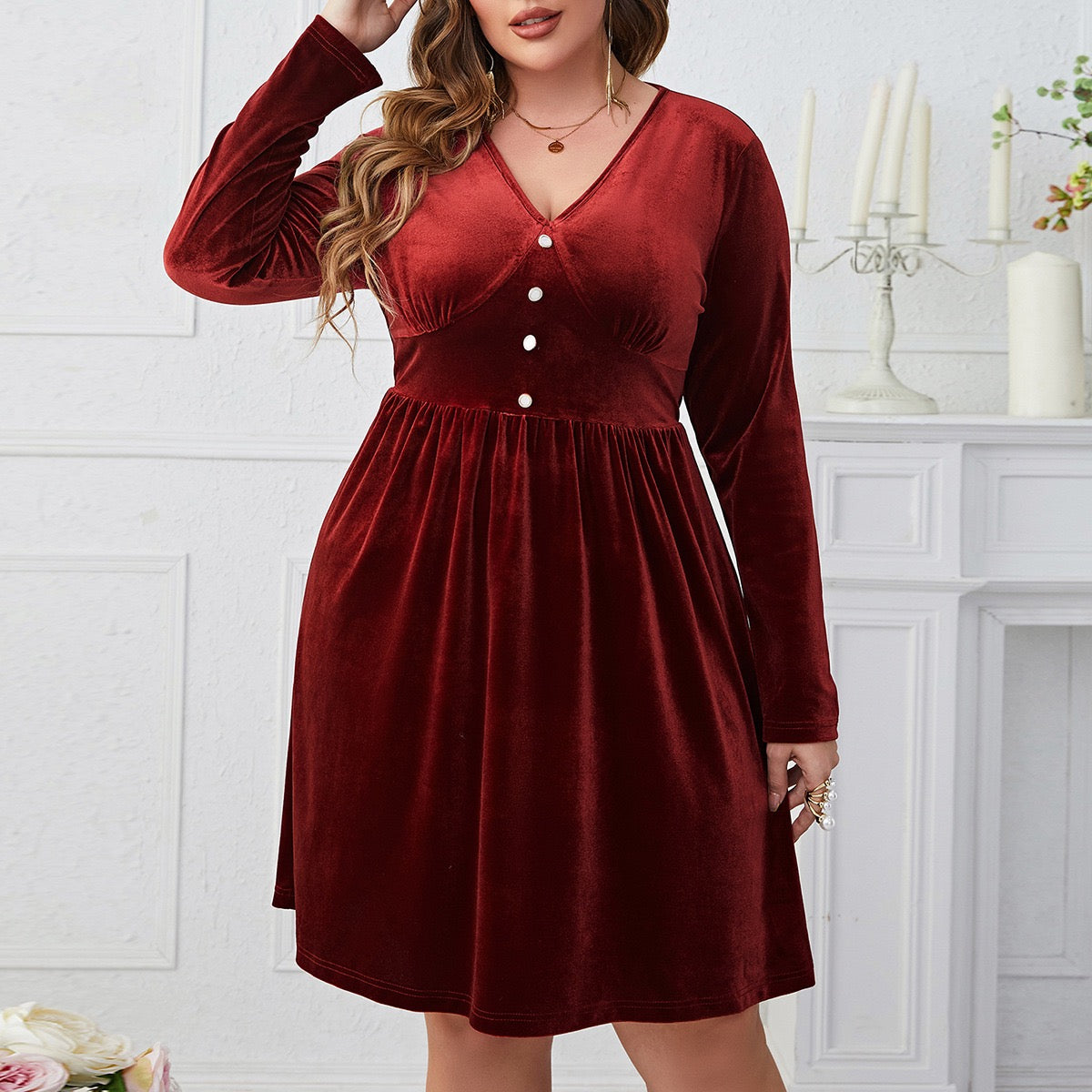 Plus Size Sculpted Waist Velvet Dress with Button Detail