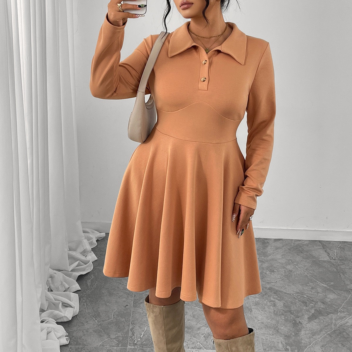 Plus Size Button Front Collared Flared Midi Dress
