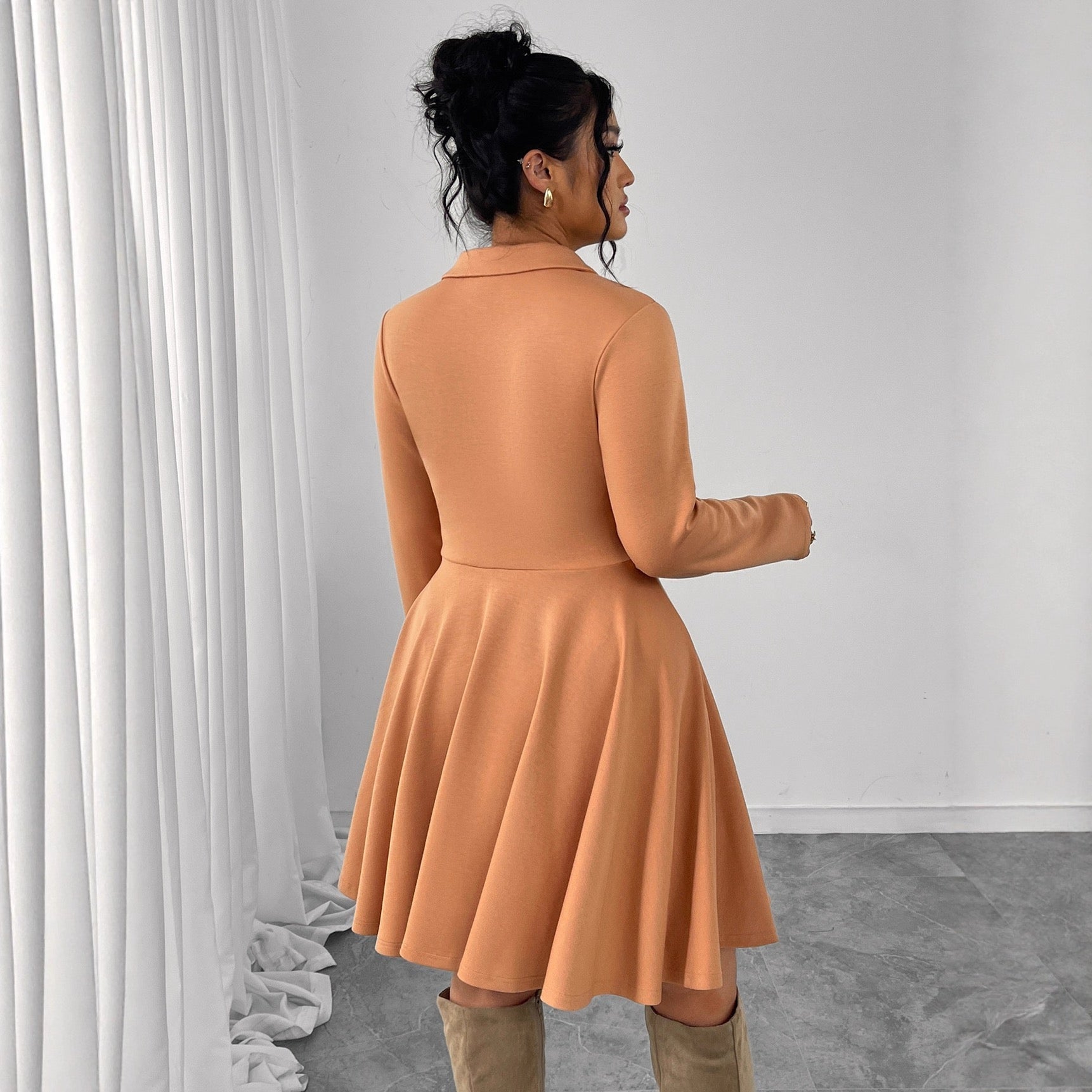 Plus Size Button Front Collared Flared Midi Dress