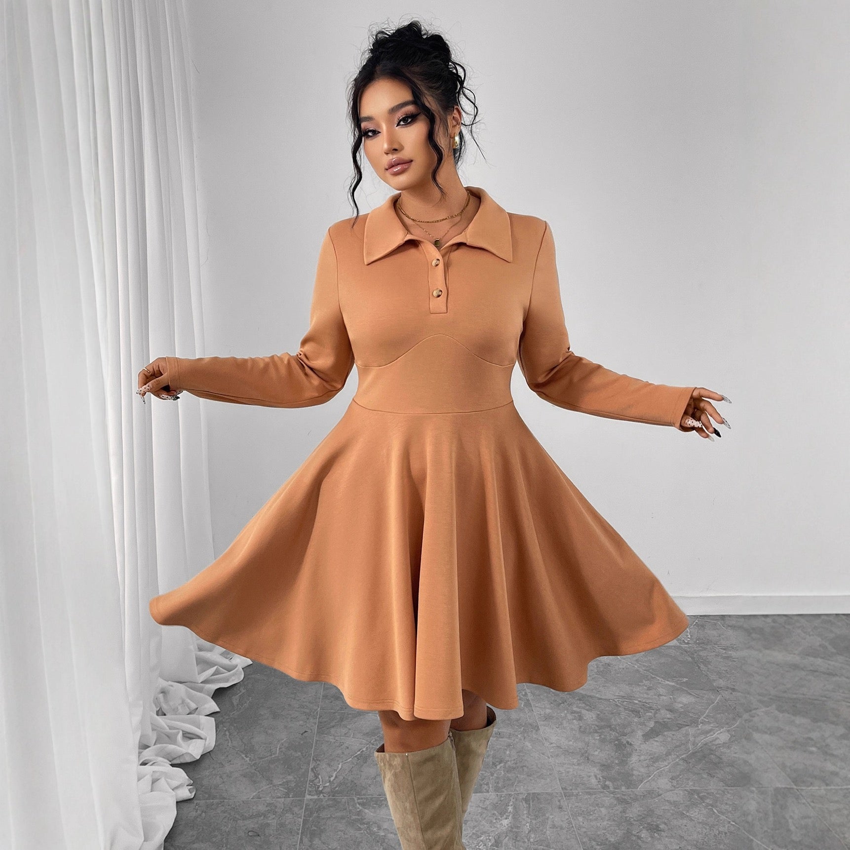 Plus Size Button Front Collared Flared Midi Dress