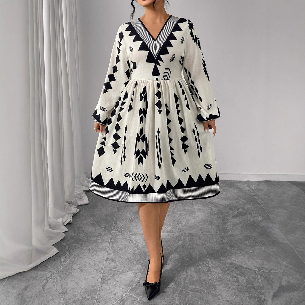 Plus Size V Neck Long Sleeve Patterned Midi Dress