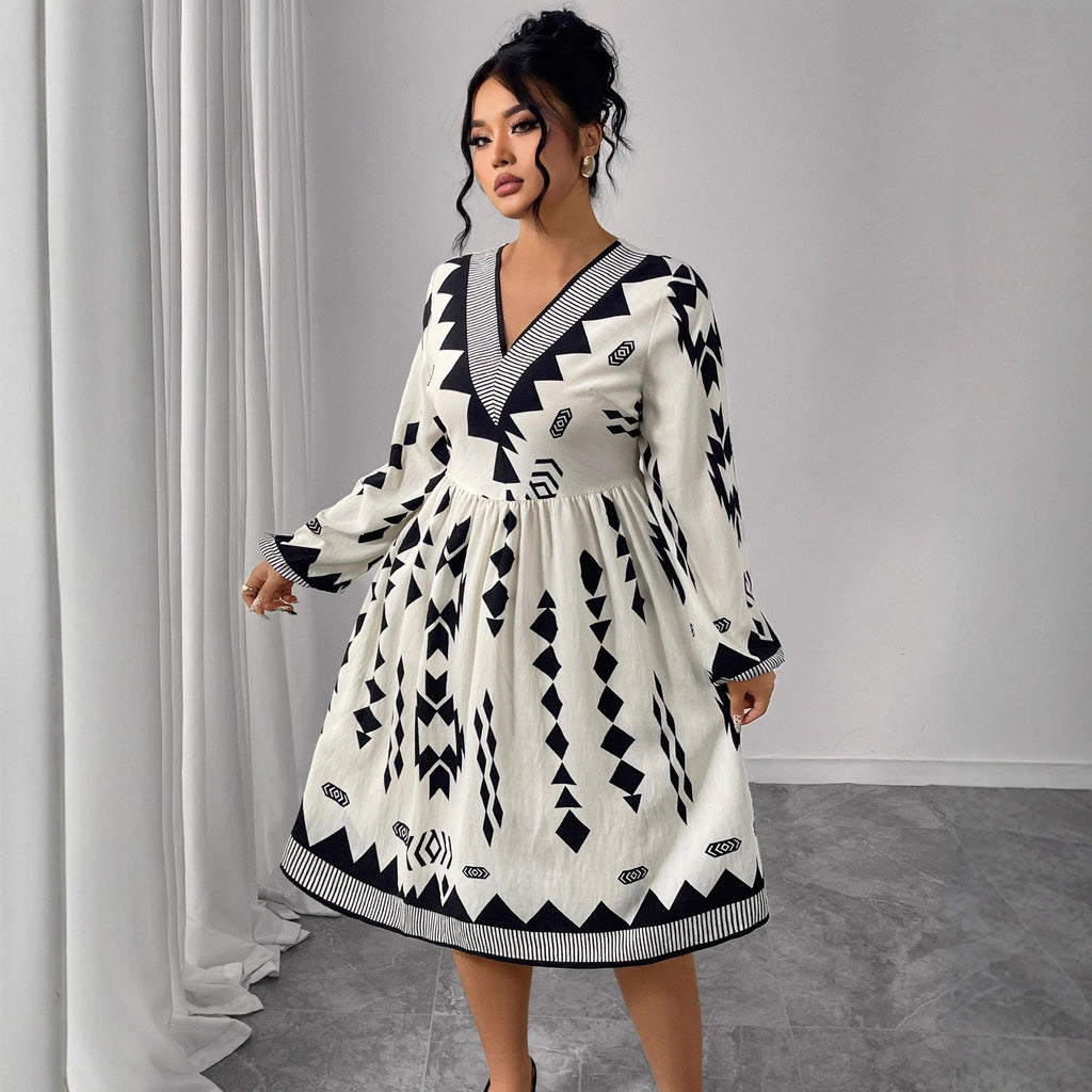 Plus Size V Neck Long Sleeve Patterned Midi Dress