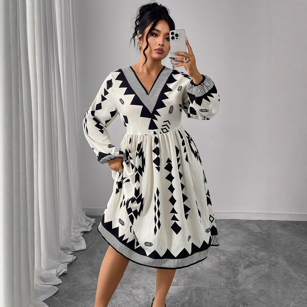 Plus Size V Neck Long Sleeve Patterned Midi Dress