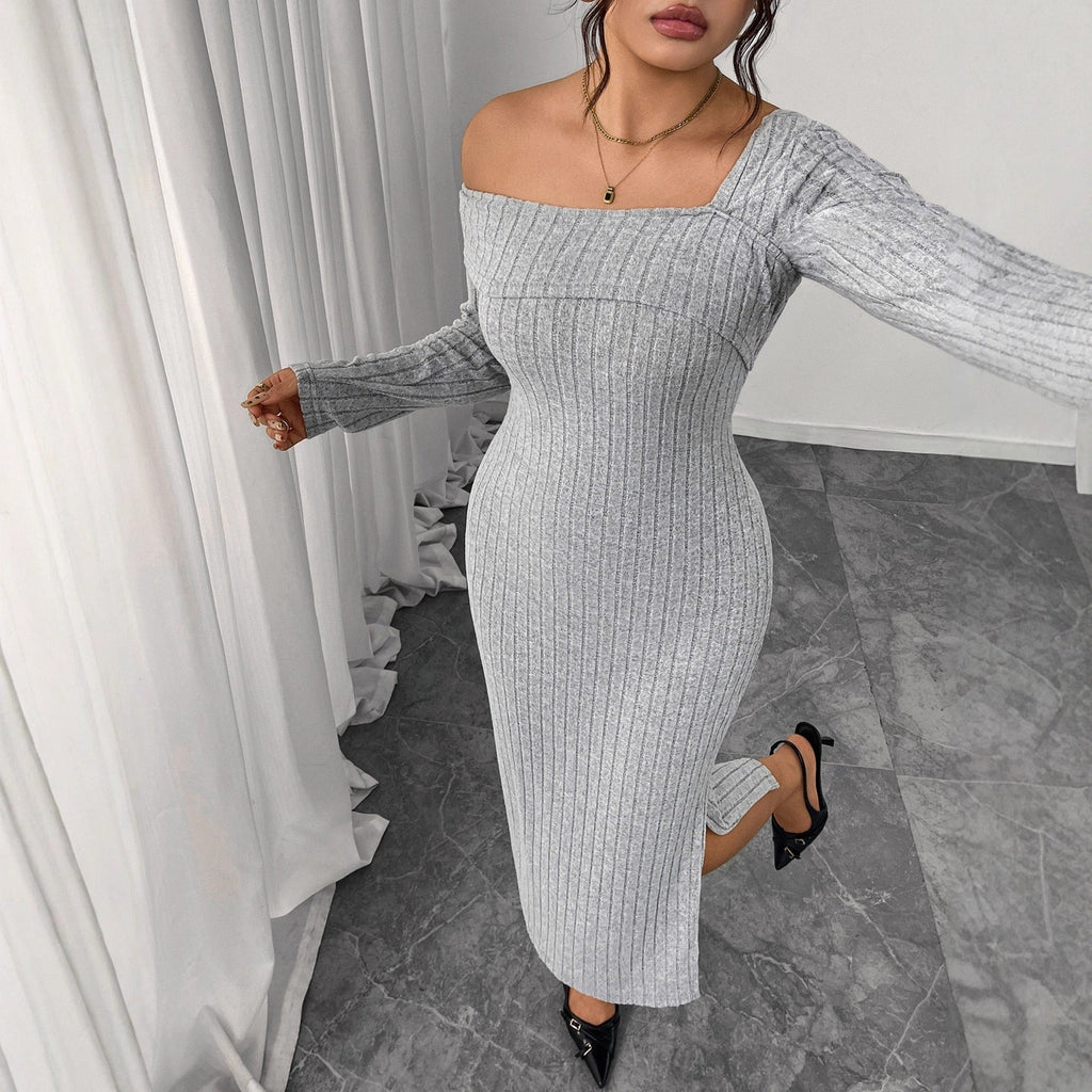 Plus Size One Shoulder Gray Ribbed Midi Dress