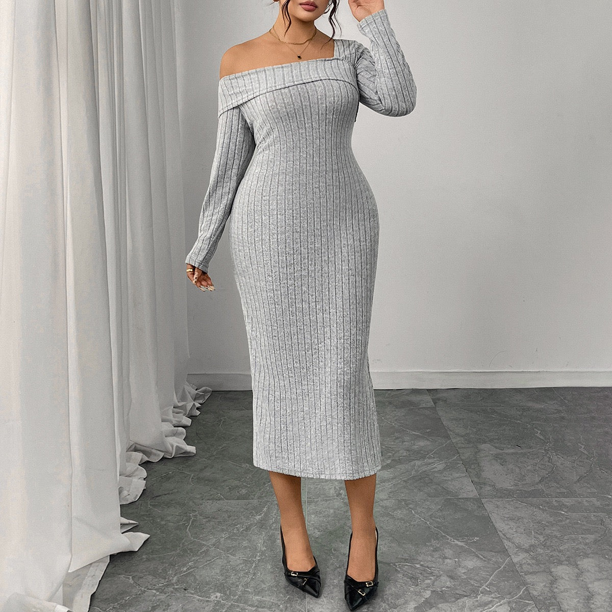 Plus Size One Shoulder Gray Ribbed Midi Dress
