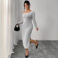 Plus Size One Shoulder Gray Ribbed Midi Dress