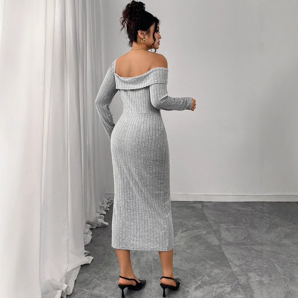 Plus Size One Shoulder Gray Ribbed Midi Dress