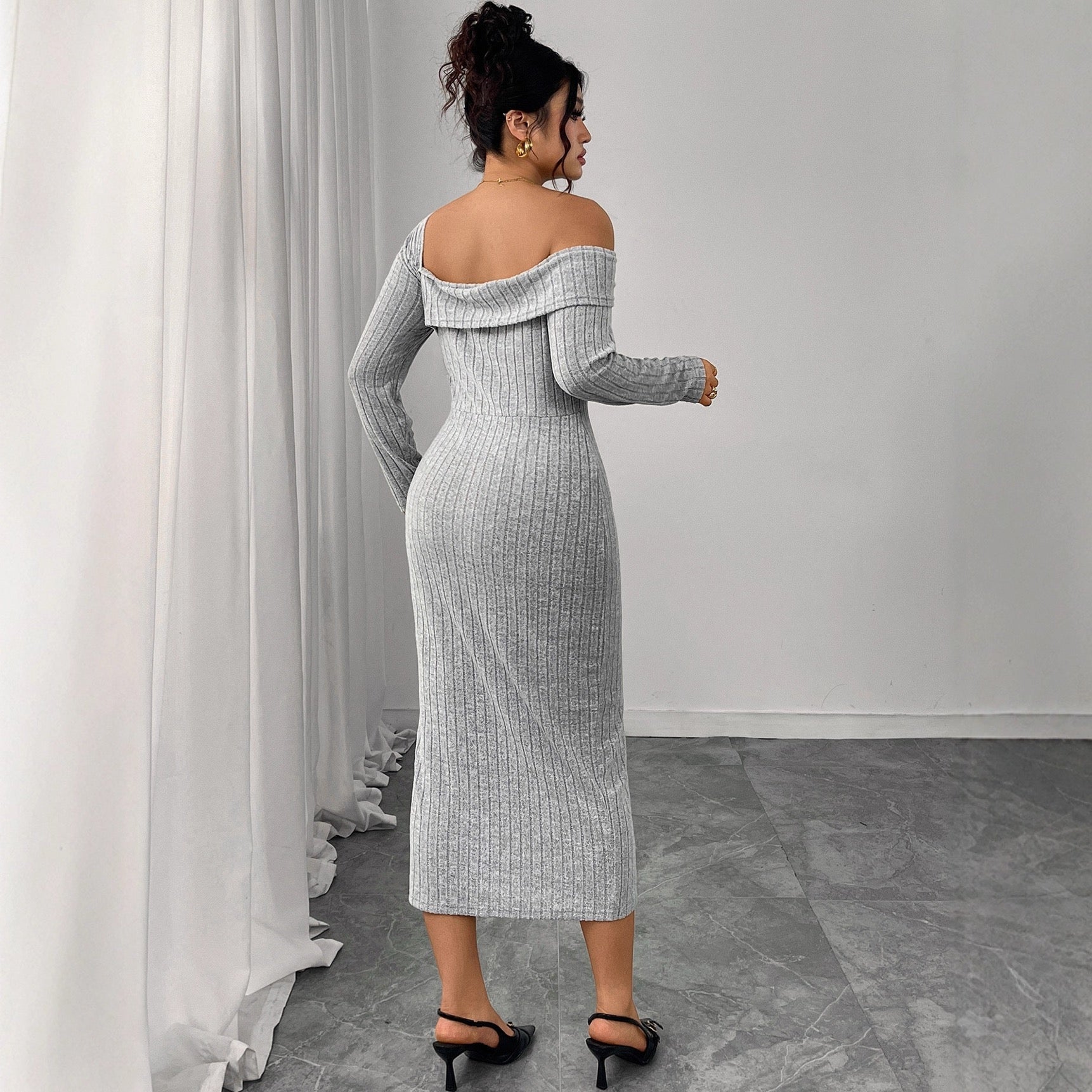 Plus Size One Shoulder Gray Ribbed Midi Dress