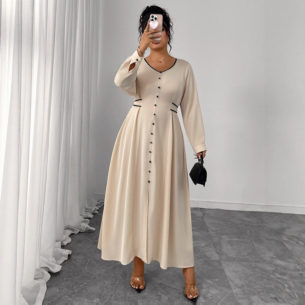 Plus Size Long Sleeve Maxi Dress with Button Detail and Shaped Waist