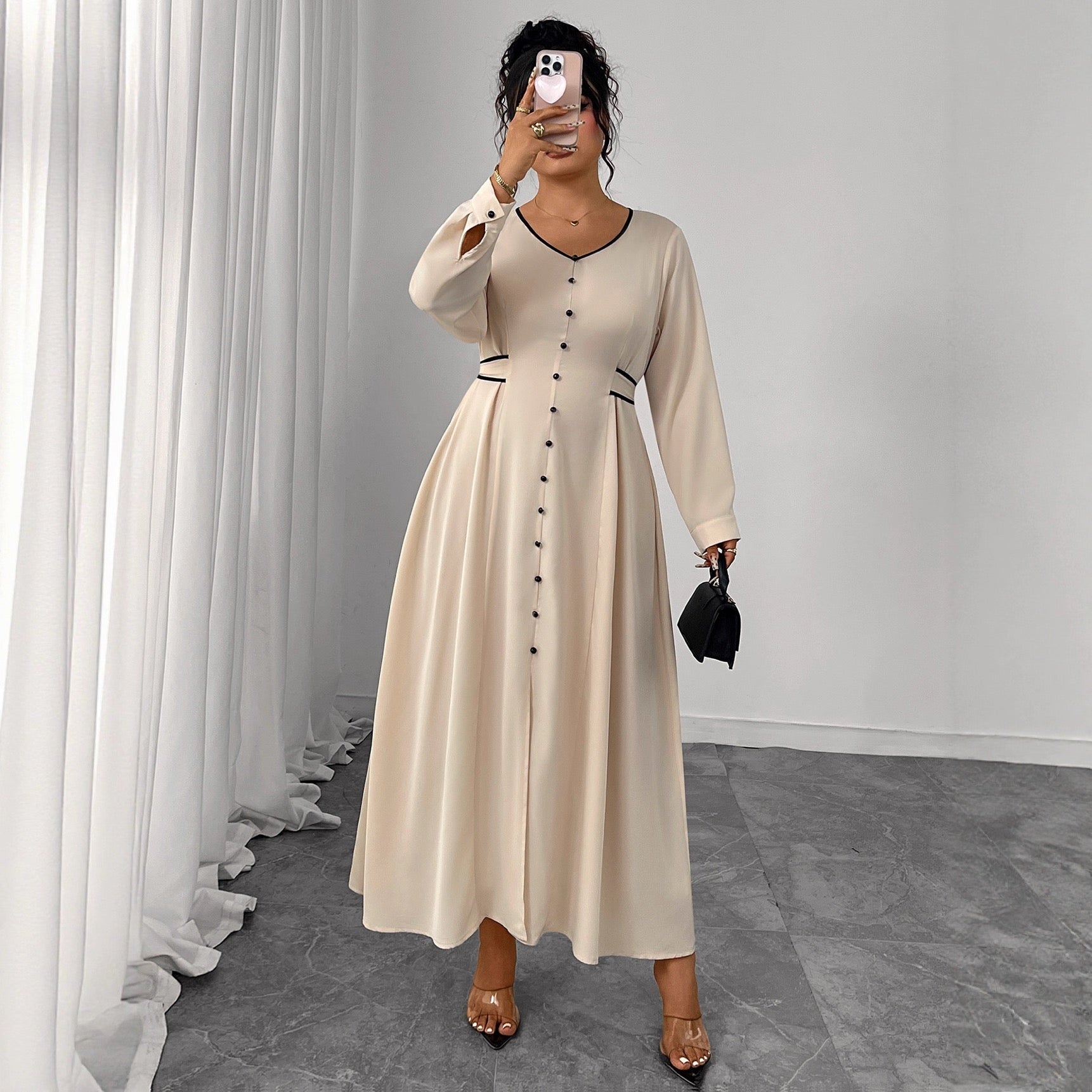 Plus Size Long Sleeve Maxi Dress with Button Detail and Shaped Waist