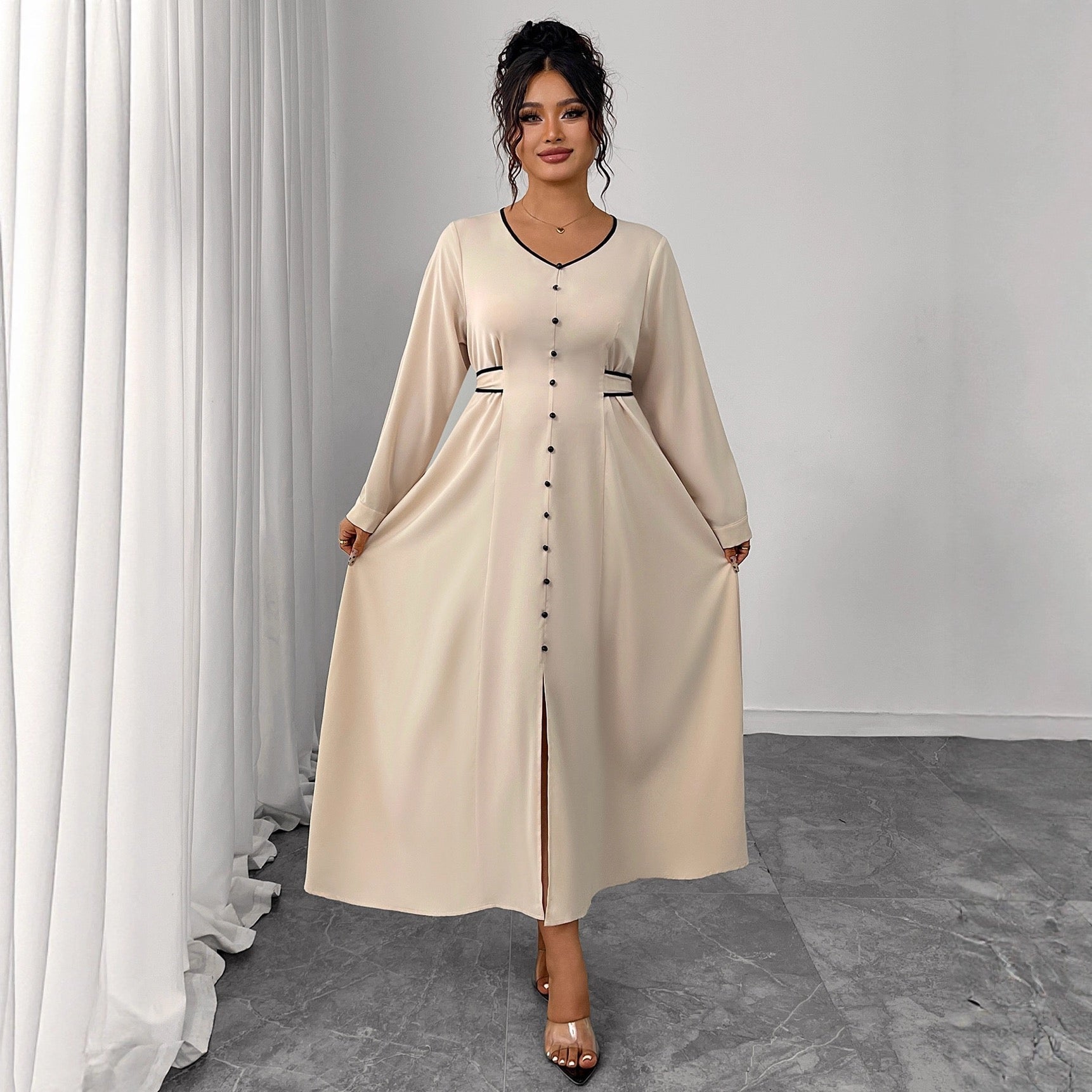 Plus Size Long Sleeve Maxi Dress with Button Detail and Shaped Waist
